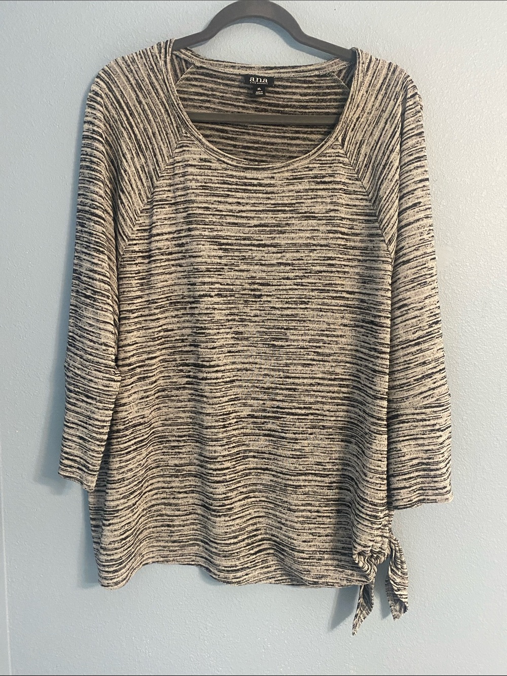 a.n.a Black and White Space-Dye Scoop Neck Tie-Hem Sweater
